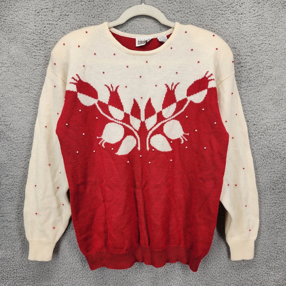 Vintage Country Suburbans Red Cream Beaded Floral Wool Blend Sweater Womens M‎